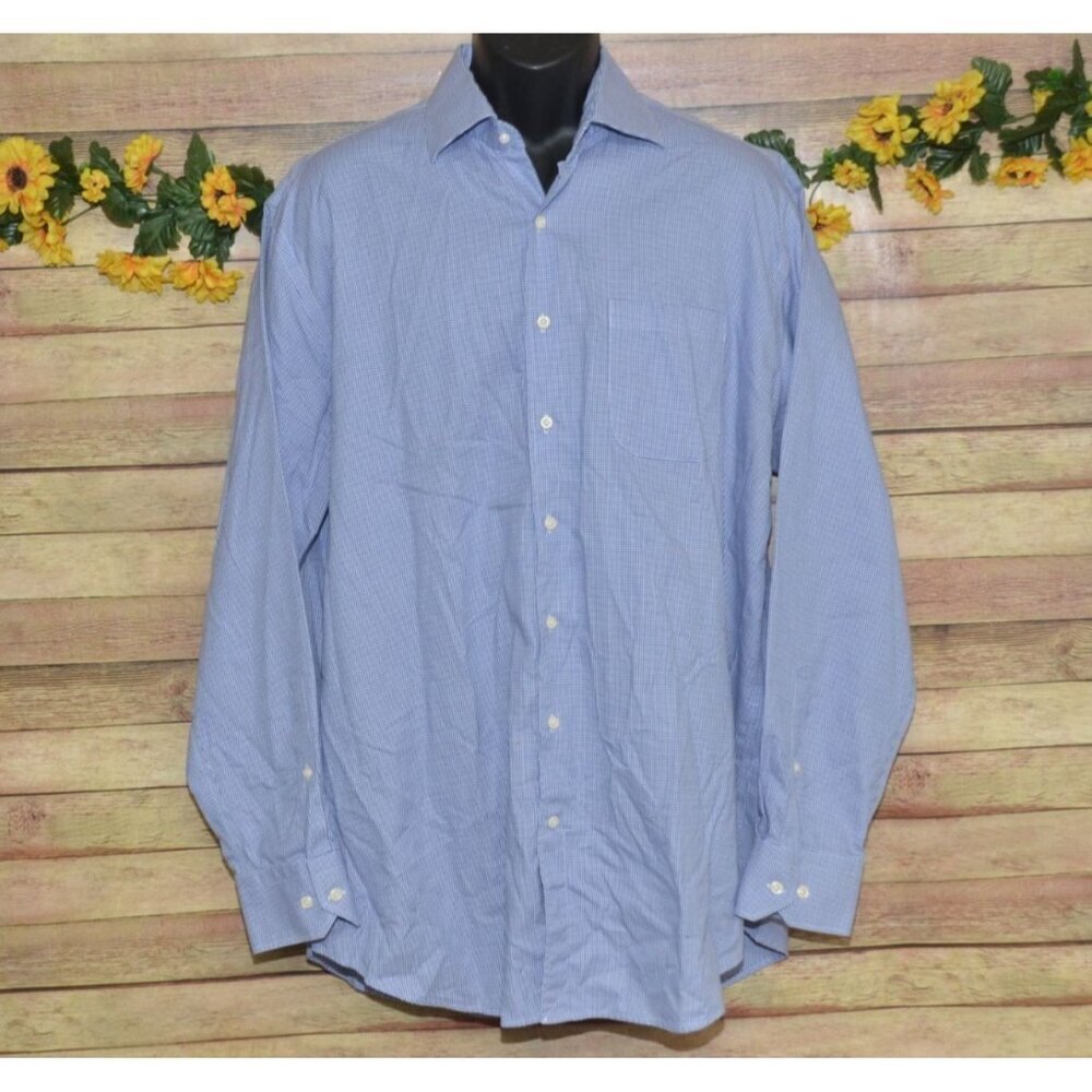 Peter Millar Easycare Mens Blue Checked Long Sleeve Button Down Shirt 17.5 Xlong